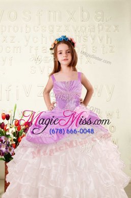 Excellent Beading and Ruffled Layers and Hand Made Flower Little Girls Pageant Gowns Fuchsia Lace Up Sleeveless Floor Length