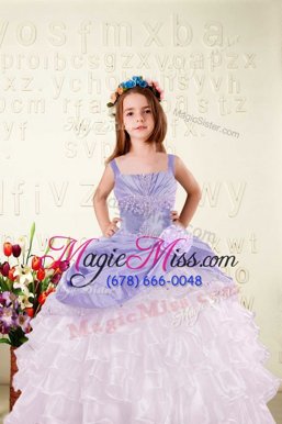Fancy Lavender Ball Gowns Straps Sleeveless Organza Floor Length Lace Up Beading and Ruffled Layers and Hand Made Flower Little Girl Pageant Dress