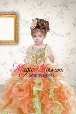 Custom Designed Multi-color Ball Gowns Beading and Ruffles and Sequins Little Girls Pageant Dress Lace Up Organza Sleeveless Floor Length