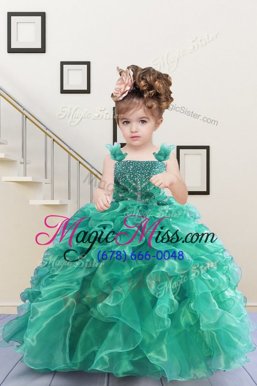 Trendy Floor Length Lace Up Kids Formal Wear Turquoise and In for Military Ball and Sweet 16 and Quinceanera with Beading and Ruffles