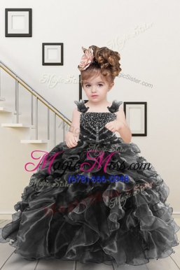 Pretty Sleeveless Floor Length Beading and Ruffles Lace Up Little Girl Pageant Dress with Black