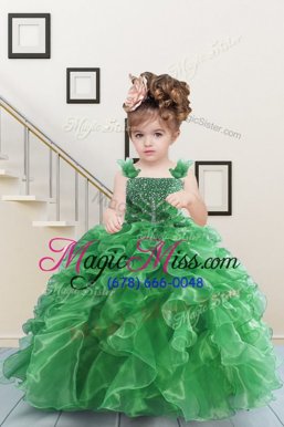Amazing Green Ball Gowns Straps Sleeveless Organza Floor Length Lace Up Beading and Ruffles Kids Formal Wear
