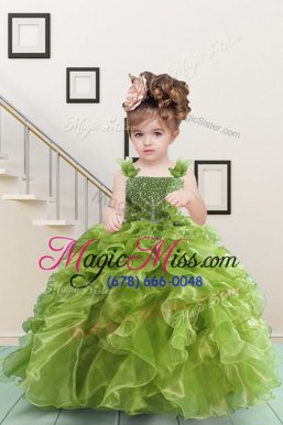 Fancy Olive Green Lace Up Straps Beading and Ruffles Little Girls Pageant Dress Organza Sleeveless