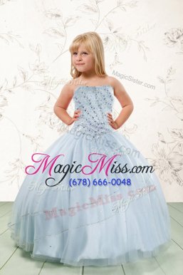Customized Sleeveless Tulle Floor Length Lace Up Kids Formal Wear in Baby Blue for with Beading