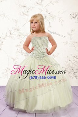 Top Selling Strapless Sleeveless Little Girls Pageant Gowns Floor Length Beading Apple Green Tulle