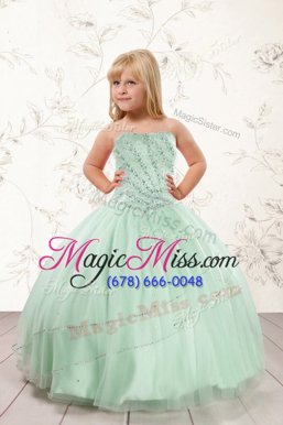Pretty Sleeveless Tulle Floor Length Lace Up Child Pageant Dress in Apple Green for with Beading
