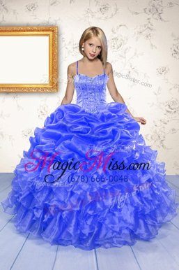 Blue Spaghetti Straps Lace Up Beading and Ruffles and Pick Ups Little Girls Pageant Dress Wholesale Sleeveless