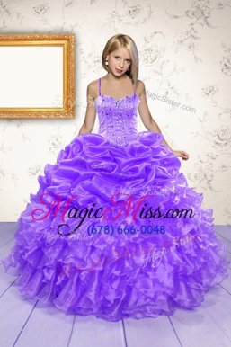 Latest Sleeveless Floor Length Beading and Ruffles and Pick Ups Lace Up Little Girls Pageant Dress Wholesale with Eggplant Purple