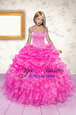 Best Beading and Ruffles and Pick Ups Pageant Gowns For Girls Hot Pink Lace Up Sleeveless Floor Length
