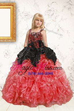 Stylish Black and Orange Organza Lace Up Straps Sleeveless Floor Length Little Girl Pageant Gowns Beading and Ruffles