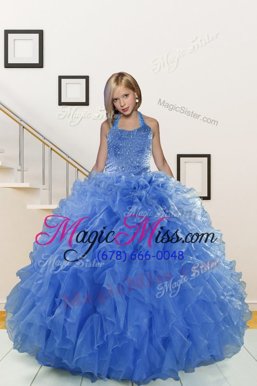 Luxurious Halter Top Blue Ball Gowns Beading and Ruffles Little Girls Pageant Dress Lace Up Organza Sleeveless Floor Length