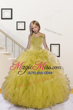 New Style Halter Top Sleeveless Little Girls Pageant Dress Wholesale Floor Length Beading and Ruffles Light Yellow Organza