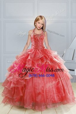 Attractive Ball Gowns Little Girl Pageant Gowns Red Halter Top Organza Sleeveless Floor Length Lace Up