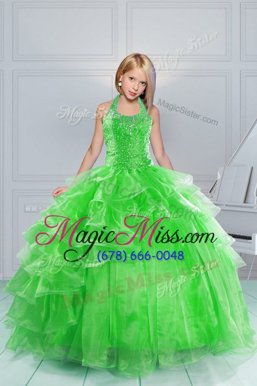 Custom Made Green Ball Gowns Halter Top Sleeveless Organza Floor Length Lace Up Beading and Ruffles Girls Pageant Dresses