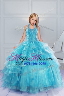 Dazzling Halter Top Aqua Blue Ball Gowns Beading and Ruffles Little Girl Pageant Dress Lace Up Organza Sleeveless Floor Length