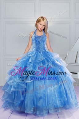 High End Halter Top Baby Blue Ball Gowns Beading and Ruffles Girls Pageant Dresses Lace Up Organza Sleeveless Floor Length