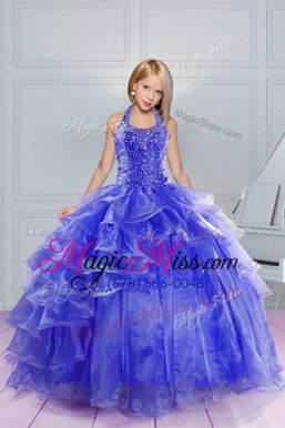 Most Popular Halter Top Sleeveless Beading and Ruffles Lace Up Kids Pageant Dress