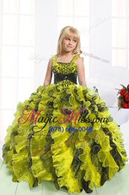 Dramatic Light Yellow Lace Up Child Pageant Dress Beading and Ruffles Sleeveless Floor Length