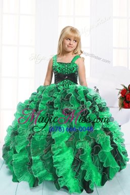 Floor Length Lace Up Little Girl Pageant Dress Green and In for Party and Wedding Party with Beading and Ruffles