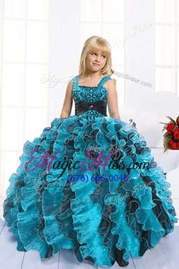 Nice Sleeveless Organza Floor Length Lace Up Kids Pageant Dress in Turquoise for with Beading and Ruffles