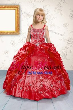 Red Ball Gowns Beading and Appliques and Pick Ups Kids Pageant Dress Lace Up Satin Sleeveless Floor Length