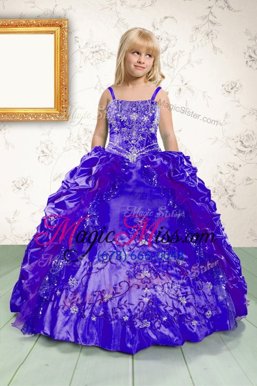Lovely Beading and Appliques and Pick Ups Little Girls Pageant Dress Wholesale Royal Blue Lace Up Sleeveless Floor Length