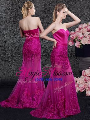 Discount Fuchsia Mermaid Satin and Tulle Sweetheart Sleeveless Lace and Appliques Floor Length Zipper Mother Of The Bride Dress Sweep Train