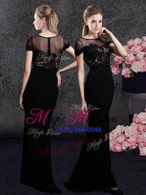 Trendy Scoop With Train Black Prom Dresses Elastic Woven Satin Sweep Train Short Sleeves Appliques and Sequins
