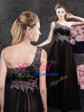 Custom Designed One Shoulder Black Sleeveless Floor Length Appliques Side Zipper Dress for Prom