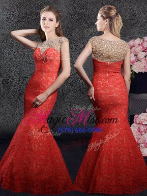 Custom Made Mermaid Floor Length Red Prom Dresses Lace Cap Sleeves Beading and Lace