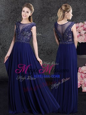 Customized Purple Empire Scoop Cap Sleeves Chiffon Floor Length Side Zipper Beading and Appliques Prom Party Dress