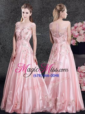 Noble Scoop Cap Sleeves Organza Floor Length Zipper Mother Of The Bride Dress in Baby Pink for with Appliques