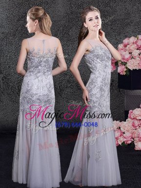 Scoop Floor Length Grey Tulle Sleeveless Lace and Appliques