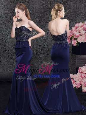 Exceptional Mermaid Navy Blue Zipper Mother Of The Bride Dress Beading Sleeveless With Brush Train