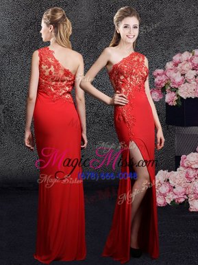 One Shoulder Red Sleeveless Chiffon Side Zipper Prom Evening Gown for Prom and Party and Military Ball and Wedding Party