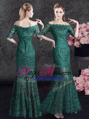 Fashion Mermaid Scalloped Dark Green Half Sleeves Floor Length Lace Lace Up Mother Of The Bride Dress
