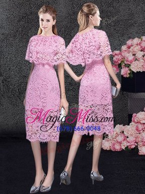 Clearance Scoop Knee Length Pink Prom Party Dress Lace Half Sleeves Lace