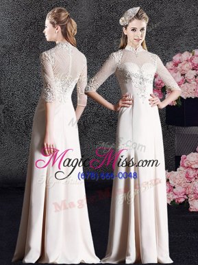 Fine Champagne Zipper High-neck Lace Prom Dress Satin Half Sleeves