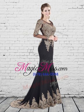Excellent Scoop Black Mermaid Appliques Prom Gown Lace Up Elastic Woven Satin Long Sleeves With Train