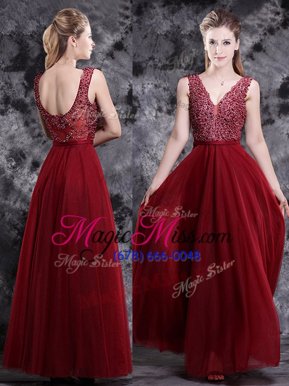 Custom Design Wine Red Empire Tulle V-neck Sleeveless Beading Floor Length Side Zipper Prom Gown