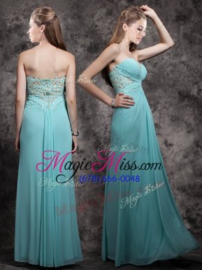 Custom Designed Aqua Blue Chiffon Zipper Sweetheart Sleeveless Floor Length Prom Party Dress Appliques