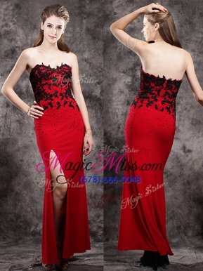 Comfortable Sweetheart Sleeveless Prom Evening Gown Ankle Length Beading and Appliques Red Elastic Woven Satin
