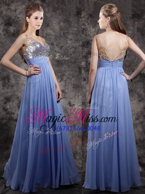 Delicate Sleeveless Floor Length Beading and Sequins Zipper Prom Dresses with Light Blue