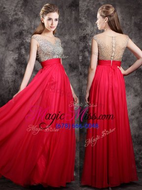 Popular Red Zipper V-neck Beading Prom Dress Chiffon Cap Sleeves