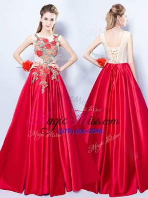 Exceptional Red Scoop Neckline Appliques Military Ball Gown Sleeveless Lace Up