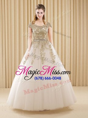 Custom Designed Scoop Floor Length Ball Gowns Short Sleeves White 15 Quinceanera Dress Lace Up