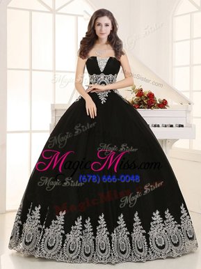 Exquisite Black Ball Gowns Beading and Appliques Quinceanera Dress Lace Up Tulle Sleeveless Floor Length