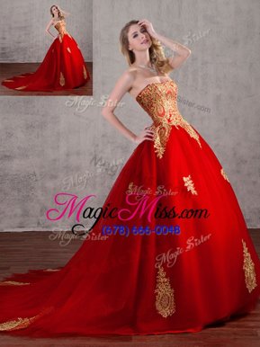 Custom Designed With Train Red Ball Gown Prom Dress Strapless Sleeveless Court Train Lace Up