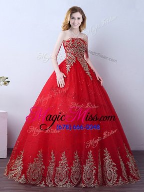 Fine Red Tulle Lace Up Quinceanera Gowns Sleeveless Floor Length Appliques and Sequins