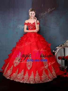 High Quality Off The Shoulder Sleeveless Lace Up Sweet 16 Quinceanera Dress Red Tulle